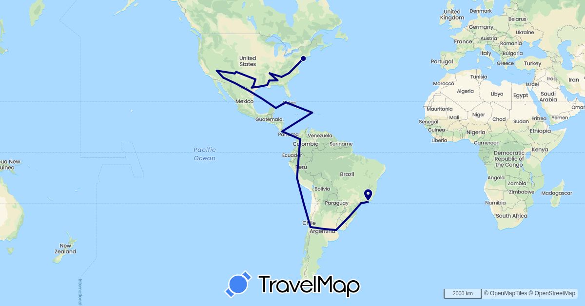 TravelMap itinerary: driving in Argentina, Brazil, Chile, Colombia, Costa Rica, Cuba, Dominican Republic, Mexico, Peru, United States (North America, South America)